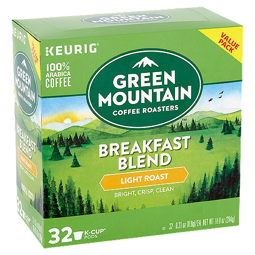 Green Mountain Coffee Roasters Breakfast Blend Light Roast Coffee Value Pack, 0.31 oz, 32ct
100% Arabica Coffee

An eye-opener as delightful as the dawn itself. Clean and bright, with balanced sweetness, nutty flavor, and a silky mouthfeel.