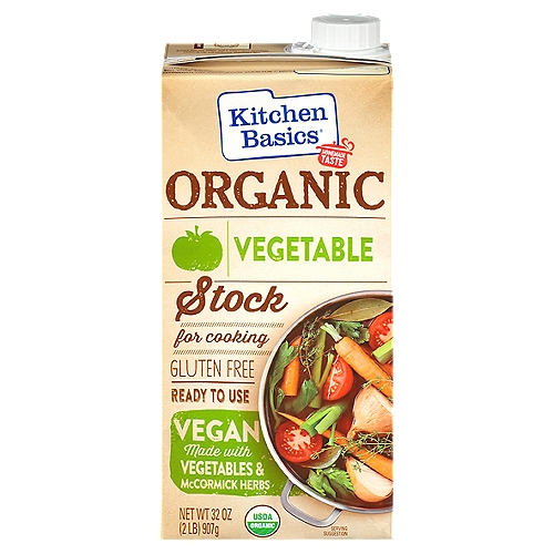 Kitchen Basics Organic Vegetable Stock, 32 oz
The Kitchen Basics Organic Vegetable Stock starts by simmering organic vegetables like carrot, onion and celery, with McCormick herbs and spices, to deliver a rich, robust flavor. Enjoyed by vegetarians, vegans and meat-eaters alike, this organic vegetable stock is a convenient, flavorful shortcut to favorite family meals any night of the week. From vegetarian side dishes like quinoa, rice and sauteed vegetables to homemade vegetable soups and noodle dishes, this stock delivers homemade taste across the board. Rich and delicious, organic vegetable cooking stock is the perfect start to many memorable meals.

We Test! Allergen Watch
We reduce the risk of allergen reactions by specifying that our Kitchen Basics ingredients must not contain *milk, *eggs, *peanuts, or tree nuts.
*Each production run is tested for the absence of these allergens to 5ppm. We do not add MSG or gluten.