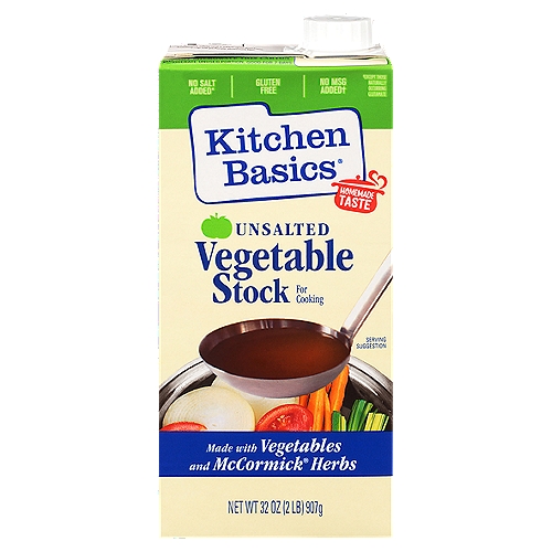 Kitchen Basics Unsalted Vegetable Stock, 32 oz
Kitchen Basics Unsalted Vegetable Stock starts by simmering vegetables like carrots, mushrooms, tomato and onion, with McCormick herbs and spices, to deliver a rich flavor. Enjoyed by vegetarians, vegans and meat-eaters alike, this unsalted vegetable stock is a convenient, flavorful shortcut to favorite dishes and meals. Kitchen Basics Original Unsalted Vegetable Cooking Stock is a flavor-forward alternative to meat-based broths. From vegetarian side dishes like quinoa, rice and sauteed vegetables to homemade vegetable soups and noodle dishes, this stock delivers homemade taste across the board. Rich and delicious, vegetable stock is the perfect start to many delicious meals.

No Salt Added*
*Not a Sodium Free Food.

No MSG Added†
†Except those Naturally Occurring Glutamate

Made with vegetables and McCormick® Herbs

Cooking stock is a central ingredient for soups, sauces and marinades. It is used by many to flavor vegetables, potatoes and rice dishes.
For years, making stock from scratch has been the only way health-conscious cooks have been able to control and limit ingredients, such as salt and artificial ingredients.