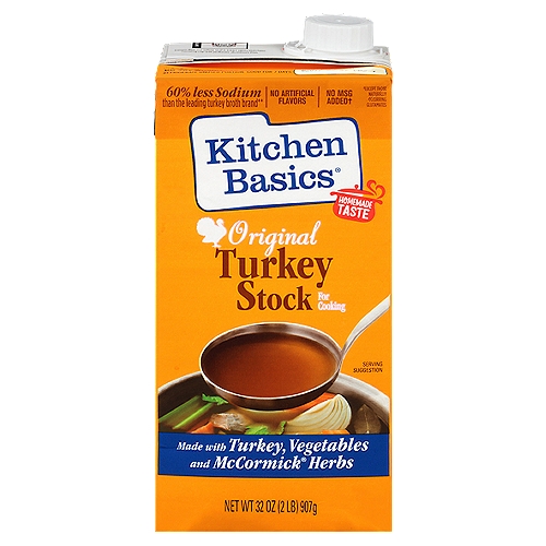 Kitchen Basics Original Turkey Stock, 32 fl oz
Kitchen Basics Original Turkey Stock is inspired by homemade, providing an all-natural, flavorful and healthy alternative to broth that is certified heart-healthy by the American Heart Association. We slow-simmer turkey and vegetables with a blend of the finest quality herbs, spices and a touch of all-natural honey. It's the perfect base for casseroles, stews and slow cooker recipes. Or use when preparing stuffing, rice or potatoes. It's authentic and naturally delicious.