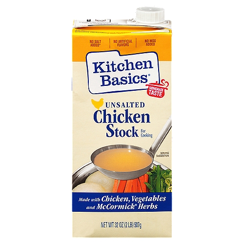 Kitchen Basics Unsalted Chicken Stock, 32 fl oz
Cooking stock is a central ingredient for soups, sauces and marinades. It is used by many to flavor vegetables, potatoes and rice dishes. For years, making stock from scratch has been the only way health-conscious cooks have been able to control and limit ingredients, such as salt and artificial ingredients.

So good some call it “liquid gold.'' Simmered with aromatic herbs and spices, chicken and vegetables for a rich flavored stock -- without all the salt -- our Kitchen Basics Original Unsalted Chicken Stock is the only stock certified by the American Heart Association. Inspired by homemade chicken stock, it's an all-natural, flavorful and healthy no salt stock* that's slow-simmered. Bring rice and quinoa to life by boiling in broth instead of water. Or make that perfect noodle soup. It's authentic and naturally delicious! *not a sodium free food