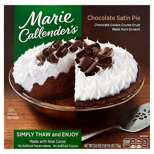 Marie Callender's Chocolate Satin Pie, 25.6 oz
Chocolate Cookie Crumb Crust Made from Scratch

The Perfect Pie Everytime
Desserts with made from scratch crusts that look and taste as great as homemade. Simply thaw and enjoy.