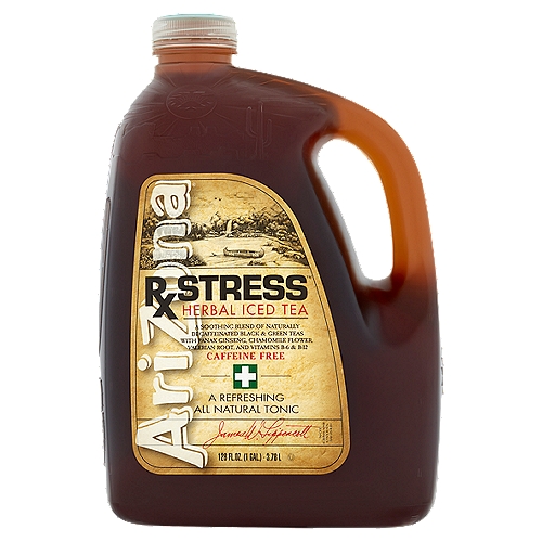 AriZona RX Stress Herbal Iced Tea, 128 fl oz
A Soothing Blend of Naturally Decaffeinated Black & Green Teas with Panax Ginseng, Chamomile Flower, Valerian Root, and Vitamins B-6 & B-12