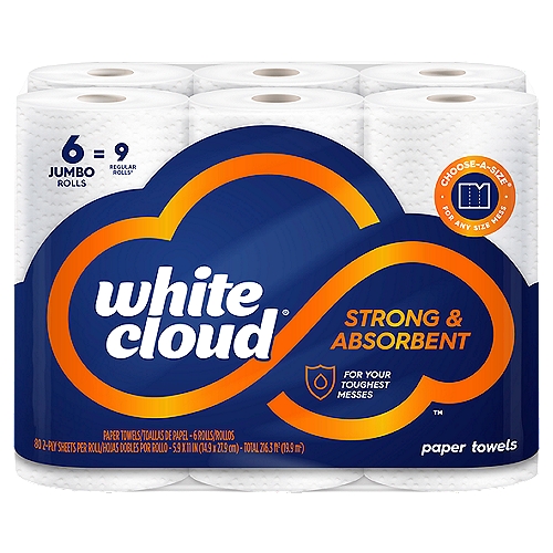 white cloud Strong & Absorbent Paper Towels, 6 count
6 Jumbo Rolls = 9 Regular Rolls*
*Compared to leading 2 ply paper towel brand regular roll

Choose-A-Size® for Any Size Mess

Embossing Pattern™

White Cloud® paper towels are extra absorbent with the strength to tackle life's toughest messes.