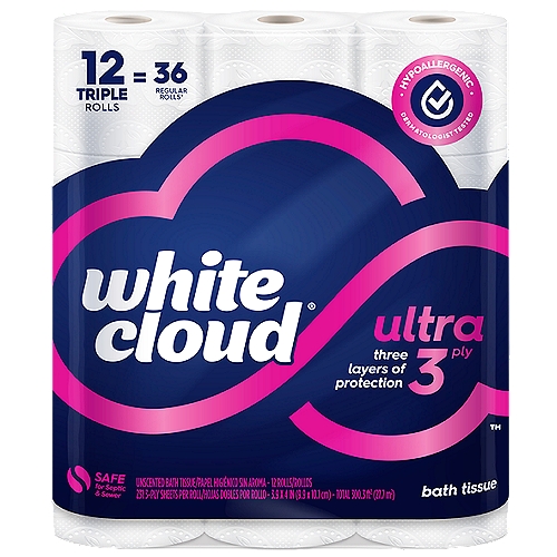 white cloud Ultra 3 Ply Bath Tissue, 12 count
12 Triple Rolls = 36 Regular Rolls*
*Compared to leading ultra 3 ply bath tissue brand single roll.

White Cloud® bath tissue is irresistibly soft with the strength to leave you feeling confident. Plus, it's gentle on skin because it's hypoallergenic and dermatologist-approved.