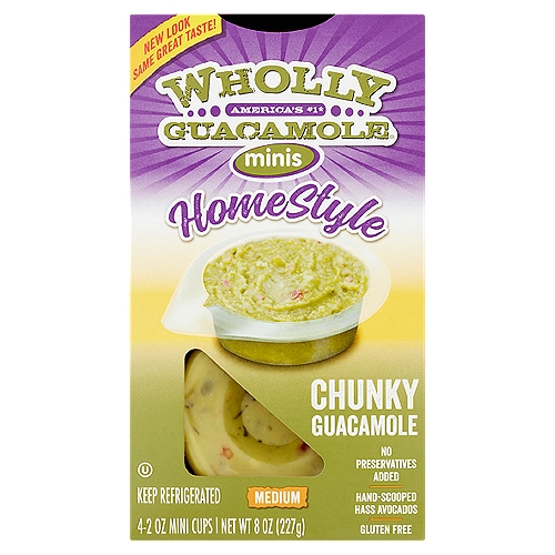 WHOLLY GUACAMOLE Medium Chunky Guacamole Minis, 2 oz, 6 count
Take the delicious flavor of our guac anywhere you go with WHOLLY Guacamole Homestyle Mini's. Made with Hass avocados and big chunks or tomato and onions, this classic recipe is the flavor that started it all. Add WHOLLY Guacamole to your salad, create the perfect veggie dip, or enjoy it on it's own. Always ready to eat, and without an added preservative in sight, we perfected the art of guacamole by keeping the nutrition and benefits found in delicious avocados. This ready-made guacamole is the perfect on-the-go snack that is sure to leave everyone happy. WHOLLY is a trademark of Avomex, Inc.