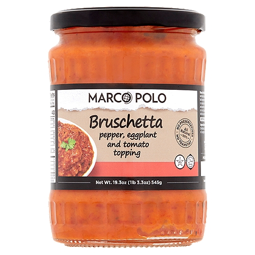 Marco Polo Bruschetta Pepper, Eggplant and Tomato Topping, 19.3 oz
Marco Polo Bruschetta is a ready-to-serve wholesome spread made from fresh red bell peppers, eggplant and tomatoes. It is seasoned with tomato paste, garlic and parsley. Serve bruschetta on crackers or on a toasted baguette or enjoy as a delicious sandwich topping or side dish.