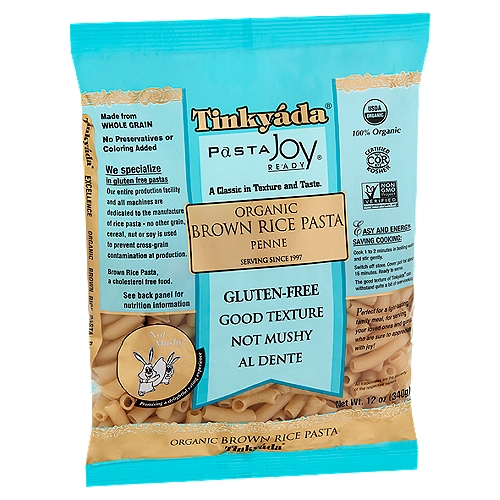 Tinkyáda Pasta Joy Ready Organic Penne Brown Rice Pasta, 12 oz
Not Mushy!® Promising a delightful eating experience

Perfect for a light-tasting family meal, for serving your loved ones and guests who are sure to appreciate, with joy!

This pasta is made from quality rice and formed to gourmet class. For years, our focus has been on making a pasta from rice that delivers an ultimate enjoyment of pasta.

Rice does not contain gluten and is consumed by many that follow a gluten-free diet. To these many, it may be good to know that we specialize in making rice pastas. We do not make products from other grains or cereals.

Joy! A rice pasta that cooks like any regular pasta. Award-winning taste. Al dente and not mushy. Its texture, superb.