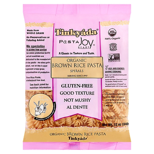 Tinkyáda Pasta Joy Ready Organic Spirals Brown Rice Pasta, 12 oz
Not Mushy!® Promising a delightful eating experience

Perfect for a light-tasting family meal, for serving your loved ones and guests who are sure to appreciate, with joy!

This pasta is made from quality rice and formed to gourmet class. For years, our focus has been on making a pasta from rice that delivers an ultimate enjoyment of pasta.

Rice does not contain gluten and is consumed by many that follow a gluten-free diet. To these many, it may be good to know that we specialize in making rice pastas. We do not make products from other grains or cereals.

Joy! A rice pasta that cooks like any regular pasta. Award-winning taste. Al dente and not mushy. Its texture, superb.