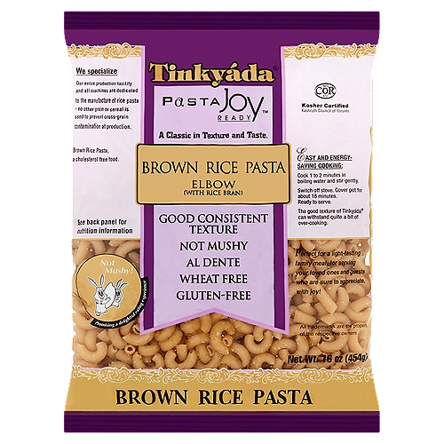 Tinkyáda Pasta Joy Ready Elbow Brown Rice Pasta, 16 oz
Perfect for a light-tasting family meal, for serving your loved ones and guests who are sure to appreciate, with joy!

This pasta is made from quality rice and formed to gourmet class. For years, our focus has been on making a pasta from rice that delivers an ultimate enjoyment of pasta.

Rice does not contain gluten and is consumed by many that follow a gluten-free diet. To these many, it may be good to know that we specialize in making rice pastas. We do not make products from other grains or cereals.

Joy! A rice pasta that cooks likes any regular pasta. Award-winning taste. Al dente and not mushy. Its texture, superb.