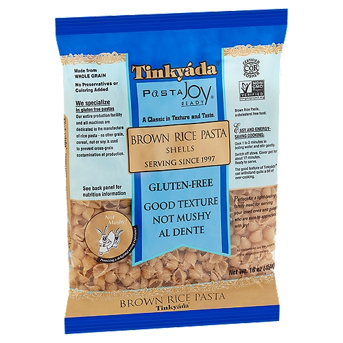 Tinkyáda Pasta Joy Ready Shells Brown Rice Pasta, 16 oz
Not Mushy!® Promising a delightful eating experience

Perfect for a light-tasting family meal, for serving your loved ones and guests who are sure to appreciate, with joy!

This pasta is made from quality rice and formed to gourmet class. For years, our focus has been on making a pasta from rice that delivers an ultimate enjoyment of pasta.

Rice does not contain gluten and is consumed by many that follow a gluten-free diet. To these many, it may be good to know that we specialize in making rice pastas. We do not make products from other grains or cereals.

Joy! A rice pasta that cooks like any regular pasta. Award-winning taste. Al dente and not mushy. Its texture, superb.