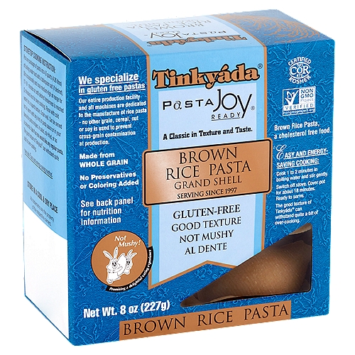 Tinkyáda Pasta Joy Ready Grand Shell Brown Rice Pasta, 8 oz
Not Mushy!® Promising a delightful eating experience

This pasta is made from quality rice and formed to gourmet class. For years, our focus has been on making a pasta from rice that delivers an ultimate enjoyment of pasta.

Rice does not contain gluten and is consumed by many that follow a gluten-free diet. To these many, it may be good to know that we specialize in making rice pastas. We do not make products from other grains or cereals.

Joy! A rice pasta that cooks like any regular pasta. Award-winning taste. Al dente and not mushy. Its texture, superb.

Perfect for a light-tasting family meal, for serving your loved ones and guests who are sure to appreciate, with joy!