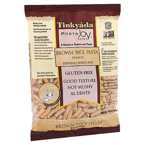 Tinkyáda Pasta Joy Ready Penne Brown Rice Pasta, 16 oz
We specialize in gluten free pastas
Our entire production facility and all machines are dedicated to the manufacture of rice pasta - no other grain, cereal, nut or soy is used to prevent cross-grain contamination at production.

Not Mushy!® Promising a delightful eating experience

Perfect for a light-tasting family meal, for serving your loved ones and guests who are sure to appreciate, with joy!

This pasta is made from quality rice and formed to gourmet class. For years, our focus has been on making a pasta from rice that delivers an ultimate enjoyment of pasta.

Rice does not contain gluten and is consumed by many that follow a gluten-free diet. To these many, it may be good to know that we specialize in making rice pastas. We do not make products from other grains or cereals.

Joy! A rice pasta that cooks like any regular pasta. Award-winning taste. Al dente and not mushy. Its texture, superb.