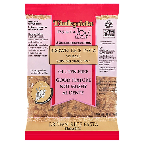 Tinkyáda Pasta Joy Ready Spirals Brown Rice Pasta, 16 oz
Not Mushy!® Promising a delightful eating experience

Perfect for a light-tasting family meal, for serving your loved ones and guests who are sure to appreciate, with joy!

This pasta is made from quality rice and formed to gourmet class. For years, our focus has been on making a pasta from rice that delivers an ultimate enjoyment of pasta.

Rice does not contain gluten and is consumed by many that follow a gluten-free diet. To these many, it may be good to know that we specialize in making rice pastas. We do not make products from other grains or cereals.

Joy! A rice pasta that cooks like any regular pasta. Award-winning taste. Al dente and not mushy. Its texture, superb.