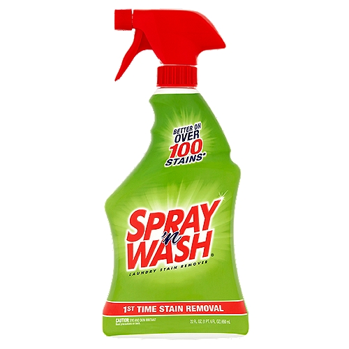 Spray n' Wash Laundry Stain Remover, 22 fl oz
Better on over 100 stains*
* Than detergent alone

Hints from the Experts:
✓ May be used with other laundry additives.
✓ Safe for colorfast washables (excluding washable silk, khaki and fluorescent clothing) and works in all temperatures
✓ Always test garment before using by applying to an inconspicuous area.
✓ If possible, treat and launder while stain is still fresh.

✕ Certain stains may be impossible to remove such a rust, dried paint, permanent ink of bleach stains.
✕ Do not let dry on garments or surfaces.
✕ Avoid over-spraying on plastic and painted surfaces.
✕ Do not rub on chocolate stains.
✕ Do not leave on garment for more than 5 minutes