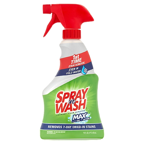 Spray 'n Wash Max with Oxi Action Laundry Stain Remover, 16 fl oz
Hints from the Experts:
✓ May be used with other laundry additives.
✓ Safe for colorfast washables and works in all temperatures.
✓ Always test garment before using by applying to an inconspicuous area.
✓ If possible, treat and launder while stain is still fresh.

✕ Leaving Spray'n Wash® Max on garments for more than 5 minutes may cause color fading.
✕ Do not let dry on garments.
✕ Not recommended for use on khaki, fluorescent clothing or washable silk.
✕ Avoid over-spraying on plastic and painted surfaces.