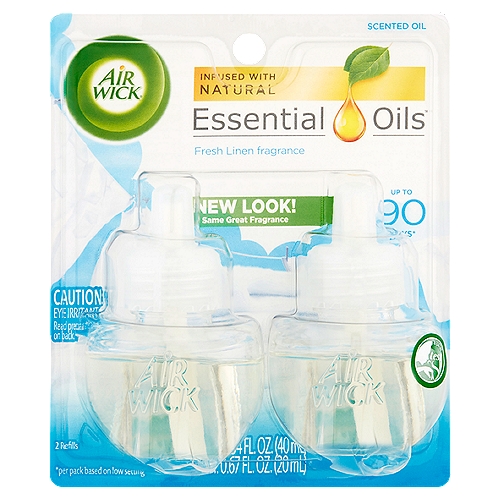 Air Wick Essential Oils Fresh Linen Fragrance Scented Oil Refills, 0.67 fl oz, 2 count
Up to 90 days*
*per pack based on low setting

Fresh Linen- There's nothing as comforting as the familiar smell of fresh laundry, especially when it has softness and freshness. When the scent of clean laundry, sunshine and pure white flowers blend together, your home will have the freshness you love.

Nothing but the ingredients you need
Great fragrance
Infused with 100% natural essential oils
Free from
Phthalates, acetone