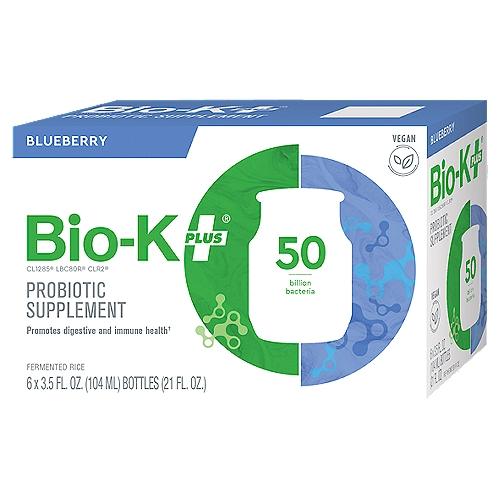 Bio-K PLUS Blueberry Fermented Rice Probiotic Supplement, 3.5 fl oz, 6 count
Our fermented rice, blueberry drinkable probiotic is a great vegan option with less sugar. Perfect for those who are looking for a FODMAP friendly and allergen-free blueberry probiotic.