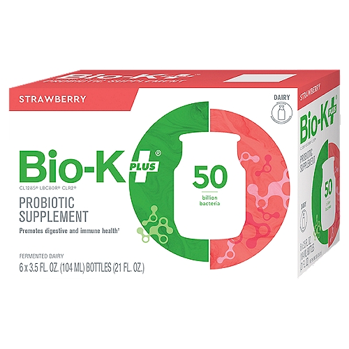 Bio-K PLUS Strawberry Fermented Dairy Probiotic Supplement, 3.5 fl oz, 6 count
Our fermented dairy, strawberry drinkable probiotic has the natural flavor of fresh strawberries and is a best-selling probiotic drink, making it a great option for those looking for the perfect combination of taste and wellness.