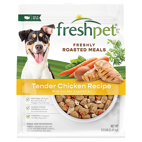 Freshpet Healthy & Natural Dog Food, Fresh Chicken Recipe, 5.5lb
Tender Chicken Recipe with Garden Vegetables Dog Food

Real Food - Fresh from the Fridge®

This 5.5 Lb Package of Freshpet® Select is Made with
4.3 Lbs of US Farm Raised Chicken & Chicken Liver
6.8 Oz of Eggs & Garden Vegetables + Essential Vitamins & Minerals
11.8 Oz of Wholesome Grains

Freshpet® Select Roasted Meals® Tender Chicken Recipe with Garden Vegetables is formulated to meet the nutritional levels established by the AAFCO Dog Food Nutrient Profiles for adult maintenance.