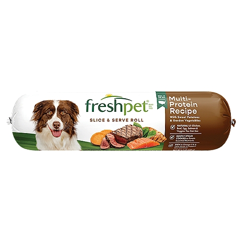 Freshpet Healthy & Natural Dog Food, Fresh Multi Protein Roll, 1.5lb
Multi-Protein Chicken, Beef, Egg & Salmon Recipe with Sweet Potatoes & Garden Vegetables

Fresh Real Food from the Fridge®

This 1.5 Lb Package of Freshpet® Select is Made with...
13.6 Oz of Chicken, Beef, Beef Liver & Salmon
2 Oz of Sweet Potatoes & Garden Vegetables + Essential Vitamins & Minerals
2 Eggs

Freshpet® Select Multi-Protein Chicken, Beef, Egg & Salmon Recipe with Sweet Potatoes & Garden Vegetables is formulated to meet the nutritional levels established by the AAFCO Dog Food Nutrient Profiles for all life stages, including growth of large size dogs (70 lbs or more as an adult).