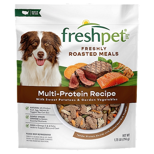 Freshpet Select Healthy & Natural Dog Food, Fresh Multi Protein Recipe, 1.75lb
Chicken, Beef, Egg & Salmon Recipe with Sweet Potatoes & Garden Vegetables

Real Food - Fresh from the Fridge®

The 1.75 Lb Package of Freshpet® Select is Made with
2 Oz of Garden Vegetables + Essentials Vitamins & Minerals
1.3 Lbs of Farm Raised Chicken, Beef & Beef Liver
2.3 Oz of Eggs & salmon

Freshpet® Select Bite-Size Chicken Recipe with Carrots & Cranberries is formulated to meet the nutritional levels established by the AAFCO Dog Food Nutrient Profiles for all life stages, except for growth of large size dogs (70 lbs or more as an adult).