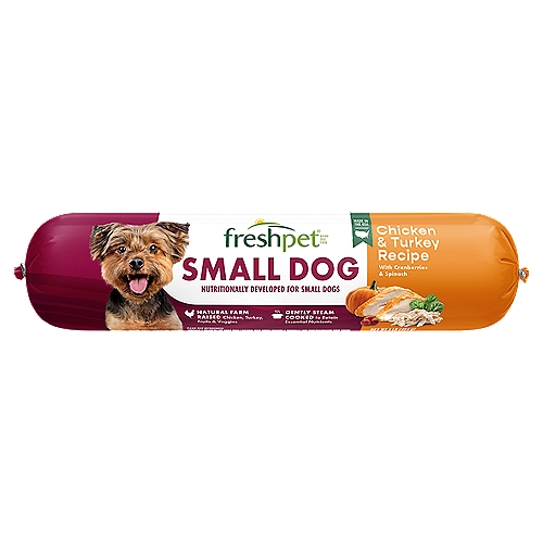Freshpet Healthy & Natural Dog Food, Small Dog Fresh Chicken & Turkey Roll, 1 lb
Real Food - Fresh from the Fridge®

Freshpet® Select Chicken & Turkey Recipe with Cranberries & Spinach is formulated to meet the nutritional levels established by the AAFCO Dog Food Nutrient Profiles for adult maintenance.