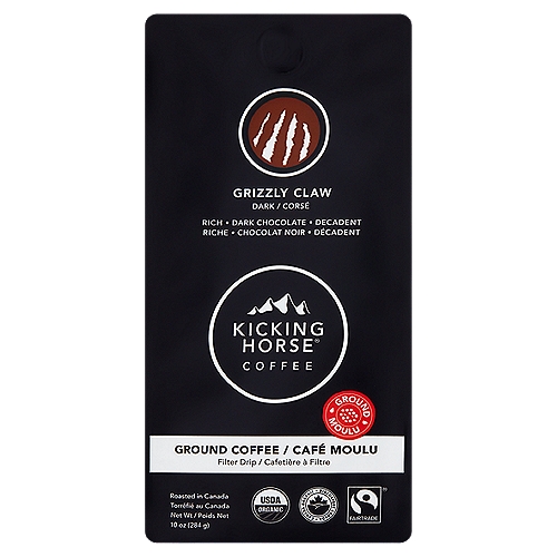 Kicking Horse Coffee Grizzly Claw Dark Ground Coffee, 10 oz
About This Blend
From the heart of the mountains, a strong spirit roars. This is the most magical hand mother nature can deal, and it's headed for a mug near you.

Wake Up & Kick Ass®
''Mmmmm hmmmmm.''
That's the sound of good coffee. Deep, dark and delicious coffee. These are organic, Fairtrade, arabica beans, roasted right in the Canadian Rocky Mountains.
We love what we do, and we think you will too. That's why this coffee kicks ass. Wake up with us.
