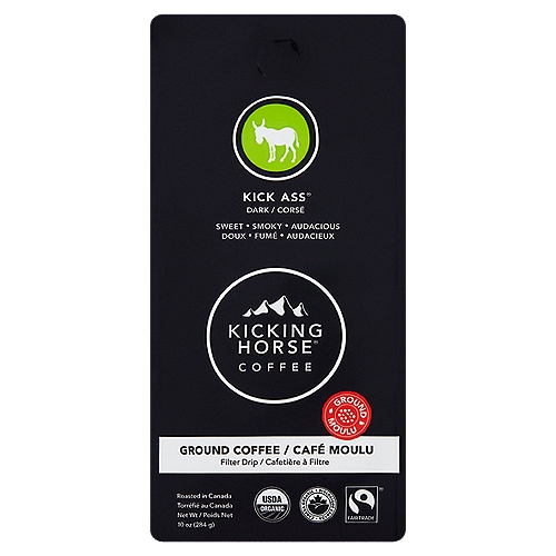 Kicking Horse Coffee Kick Ass Dark Ground Coffee, 10 oz 
About This Blend
If there's something worth doing, we think it's worth doing great. This remarkable blend of beans is the spirit of Kicking Horse® Coffee, and a bold invitation to wake up and kick ass with us.

Wake Up & Kick Ass®
''Mmmmm hmmmmm.''
That's the sound of good coffee. Deep, dark and delicious coffee. These are organic, Fairtrade, arabica beans, roasted right in the Rocky Mountains.
We love what we do, and we think you will too. That's why this coffee kicks ass. Wake up with us.