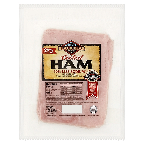 Black Bear Cooked Ham, 7 oz
50% Less Sodium* with Natural Juices than U.S.D.A. Data for Cooked Ham

Caloric content been lowered from 96 calories to 50 calories per serving. Fat content has been lowered from 4.9g to 1g per serving. Sodium content has been lowered from 810mg to 410mg per serving.