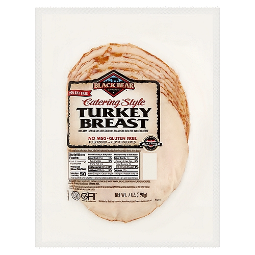 Black Bear Catering Style Turkey Breast, 7 oz
80% Less Fat and 50% Less Calories than USDA Data for Turkey Breast

Caloric Content Has Been Lowered from 100 Calories to 50 Calories and Fat Content Has Been Lowered from 4g to 0.5g per Serving Compared to USDA Data (#05192) for Turkey.
