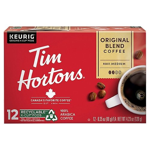 Tim Hortons Original Blend K-Cup Coffee Pods, Medium Roast, Recyclable, 12ct for Keurig Brewers