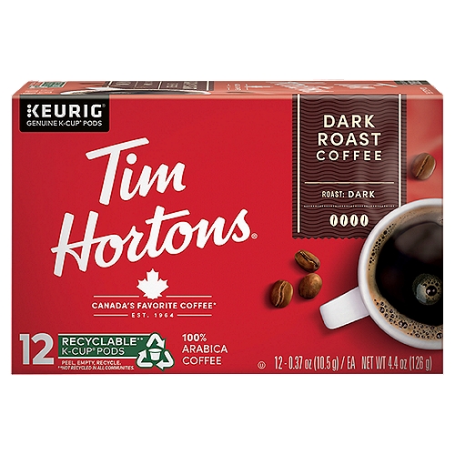Tim Hortons Dark Roast K-Cup Coffee Pods, Recyclable, 12ct for Keurig Brewers