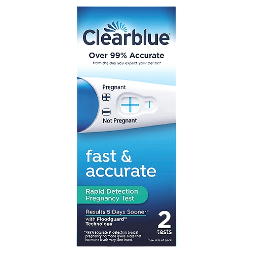 Clearblue Rapid Detection Pregnancy Test, 2 count
Clearblue Rapid Detection Pregnancy Test (Prueba de embarazo Rapid Detection Clearblue) has an extra wide Color Change Tip that turns pink when urine is being absorbed, to let you know you have hit the target. It is over 99% accurate from the day of your expected period[1] and provides easy to read, clear, plus (+) or minus (-) results, giving you confidence in the results. Clearblue Rapid Detection also provides fast results, detecting pregnancy as fast as 1 minute when testing from the day of your missed period[4]. The unique FloodguardTM Technology helps reduce the #1 reported cause of user error by over 70%[5] by keeping excess urine from flooding the test strip.[1]Over 99% accurate from the day you expect your period. >99% accurate at detecting typical pregnancy hormone levels. Note that hormone levels vary. See insert. [2] 56% of pregnant results can be detected 5 days before your missed period. [3] Based on international sales compiled using independent market research data (data on file).[4] A pregnant result may appear in 1 minute when testing from the day of your missed period. Wait 3 minutes to confirm a not pregnant result.[5] Data on file.