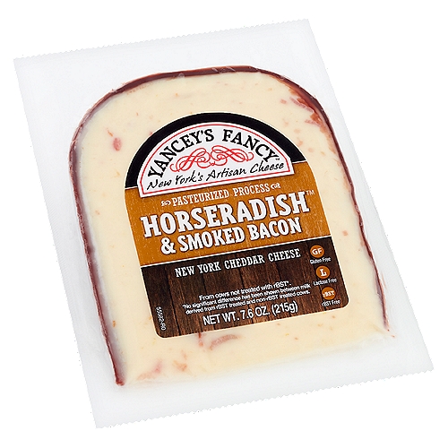 Yancey's Fancy Horseradish & Smoked Bacon New York Cheddar Cheese, 7.6 oz
From cows not treated with rBST*.
*No significant difference has been shown between milk derived from rBST treated and non-rBST treated cows.