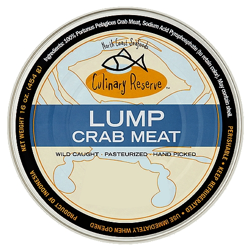 North Coast Seafoods Culinary Reserve Premium Hand Picked Lump Crab Meat, 16 oz
Culinary Reserve™ Pasteurized Crab Meat consistently meets the highest standards of seafood excellence. Our chefs prefer blue swimming crab because of its sweet, delicate and delicious flavor. Our select crabs are harvested in the tropical waters of Asia, cooked, hand picked, pasteurized and packed under our strict quality control process. Impress your guest with our gourmet crab recipes featuring Culinary Reserve Pasteurized Crab Meat.