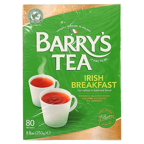 Barry's Tea Irish Breakfast Tea Bags, 80 count, 8.8 ozn100% Natural Black TeanFrom some of the world's finest tea gardensnnSelected and SourcednAcross Rwanda, Kenya and the Assam Valley of India