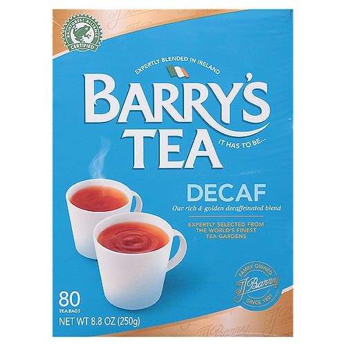 Barry's Tea Decaf Tea Bags, 80 count, 8.8 ozn100% Natural Black TeanFrom Rainforest Alliance Certified™ tea gardensnnSelected and SourcednAcross Rwanda, Kenya ant the Assam Valley of Indian