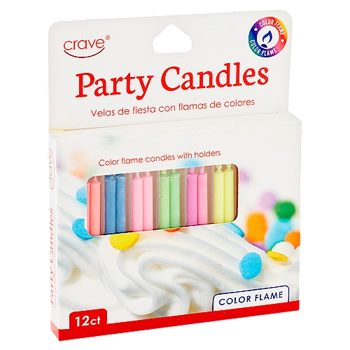 Crave Color Flame Party Candles with Holders, 12 countnBirthday candles with holders that burn with red, purple, green, blue, pink and yellow flames.
