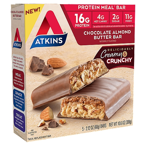 Atkins Chocolate Almond Butter Bar, 2.12 oz, 5 count
Protein Meal† Bar
Meal† good source of protein and fiber to keep you satisfied.
†Meal Replacement Bar

4g Net Carbs*
*Total Carbs (26g) - Fiber (11g) - Glycerin (8g) = 4g Atkin Net Carbs
