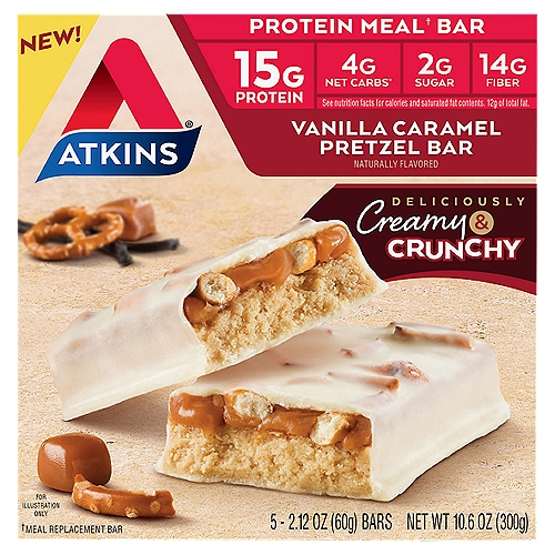 Atkins Vanilla Caramel Pretzel Bar, 2.12 oz, 5 count
Protein Meal† Bar
Meal† good source of protein and fiber to keep you satisfied.
†Meal Replacement Bar

4g Net Carbs*
*Total Carbs (26g) - Fiber (14g) - Glycerin (8g) = 4g Atkin Net Carbs
