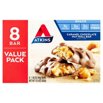 Atkins Caramel Chocolate Nut Roll Snack Bar Value Pack, 1.55 oz, 8 count
