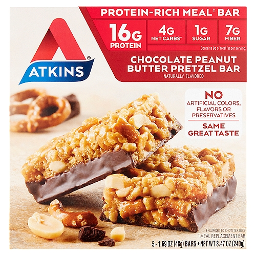 Atkins Chocolate Peanut Butter Pretzel Bar, 1.69 oz, 5 count
Protein-rich meal† bar
† Meal replacement bar

4g net carbs*
*Counting Net Carbs?
Glycerin is naturally sourced from vegetables and gives our bars a soft texture. Glycerin and fiber should be subtracted from the total carbs since they minimally impact blood sugar.
Total carbs (18g) - fiber (7g) - glycerin (7g) = 4g Atkins net carbs