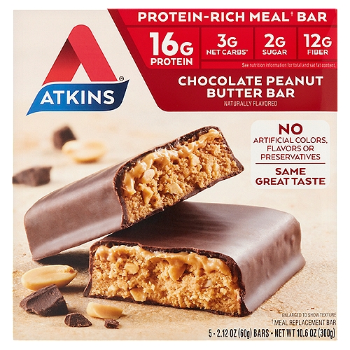 Atkins Chocolate Peanut Butter Bar, 2.12 oz, 5 count
Protein-rich meal† bar
†Meal replacement bar

3g net carbs*
*Counting Net Carbs?
Glycerin is naturally sourced from vegetables and gives our bars a soft texture. Glycerin and fiber should be subtracted from the total carbs since they minimally impact blood sugar.
Total carbs (23g) - fiber (12g) - glycerin (8g) = Atkins net carbs 3g