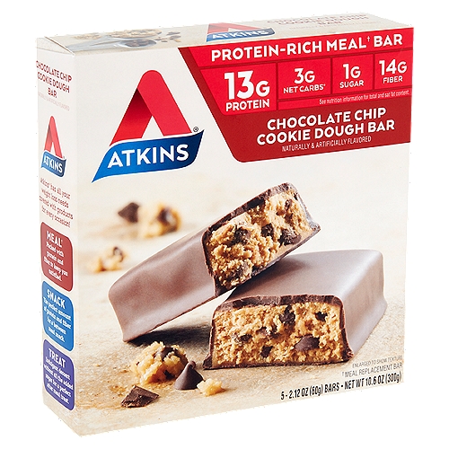Atkins Chocolate Chip Cookie Dough Bar, 2.12 oz, 5 count
Protein-rich meal† bar
† Meal replacement bar

3g net carbs*
*Counting Net Carbs?
Fiber and sugar alcohols should be subtracted from the total carbs since they minimally impact blood sugar.
Total carbs (32g) - fiber (14g) - sugar alcohols (15g) = 3g Atkins net carbs