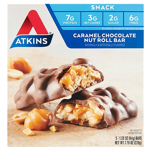 Atkins Caramel Chocolate Nut Roll Snack Bar, 1.55 oz, 5 count
3g net carbs*
*Counting Net Carbs?
Fiber and sugar alcohols should be subtracted from the total carbs since they minimally impact blood sugar.
Total Carbs (19g) - Fiber (6g) - Sugar alcohols (10g) = 3g Atkins net carbs

What is the ''Hidden Sugar Effect?''
It's common knowledge that consuming foods that contain large amounts of sugar may cause your blood sugar to spike. But did you know other types of carbohydrates may have the same effect on blood sugar? At Atkins®, we call this the ''Hidden Sugar Effect.'' For example - a medium sized bagel has the same impact on blood sugar as 8 teaspoons of sugar.* An Atkins Chocolate Peanut Butter Bar has the same impact as 1.5 teaspoons of sugar.*
*Based on glycemic load. Amounts do not represent sugar content.

Blood Sugar Impact
Bagel = 8 teaspoons
Atkins Bar** = 1.5 teaspoon
**Atkins Chocolate Peanut Butter Bar