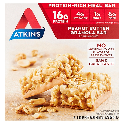 Atkins Peanut Butter Granola Bar, 1.69 oz, 5 count
Protein-rich meal† bar
† Meal replacement bar

4g net carbs*
*Counting Net Carbs?
Glycerin is naturally sourced from vegetables and gives our bars a soft texture. Glycerin and fiber should be subtracted from the total carbs since they minimally impact blood sugar.
Total carbs (18g) - fiber (6g) - glycerin (8g) = 4g Atkins net carbs