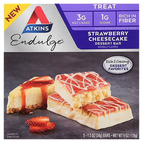 Atkins Endulge Strawberry Cheesecake Dessert Bar Treat, 1.2 oz, 5 count
3g Net Carbs*
* Total Carbs (15g) - Fiber (8g) - Glycerin (4g) = 3g Atkins Net Carbs