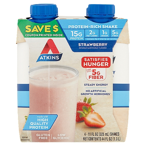 Atkins Strawberry Protein-Rich Shake, 11 fl oz, 4 count
2g Net Carbs*
*Total Carbs (7g) - Fiber (5g) = 2g Atkins Net Carbs

No Artificial Growth Hormones**
**No significant difference has been shown between milk derived from rbST-treated and non rbST-treated cows.

Low Glycemic†
†Glycemic load of under 10.
†Formulated to have a minimal impact on blood sugar.