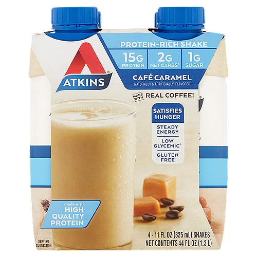 Atkins Café Caramel Protein-Rich Shake, 11 fl oz, 4 count
2g Net Carbs*
*Counting net carbs?
Fiber should be subtracted from the total carbs since it minimally impacts blood sugar.
Total Carbs (3g) - Fiber (1g) = 2g Atkins Net Carbs

Low Glycemic*
*Based on glycemic load. Amounts do not represent sugar content.